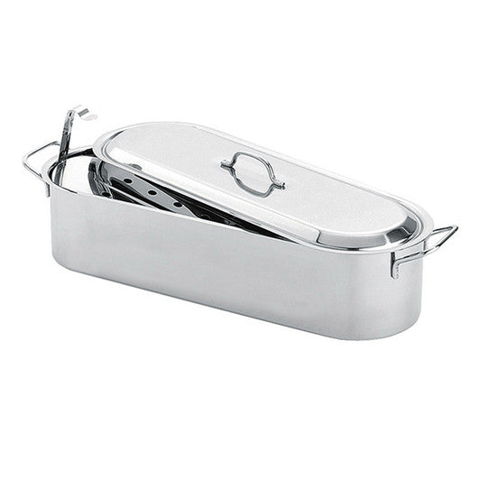 Stainless steel fish poaching pan with removable rack for steaming whole fish