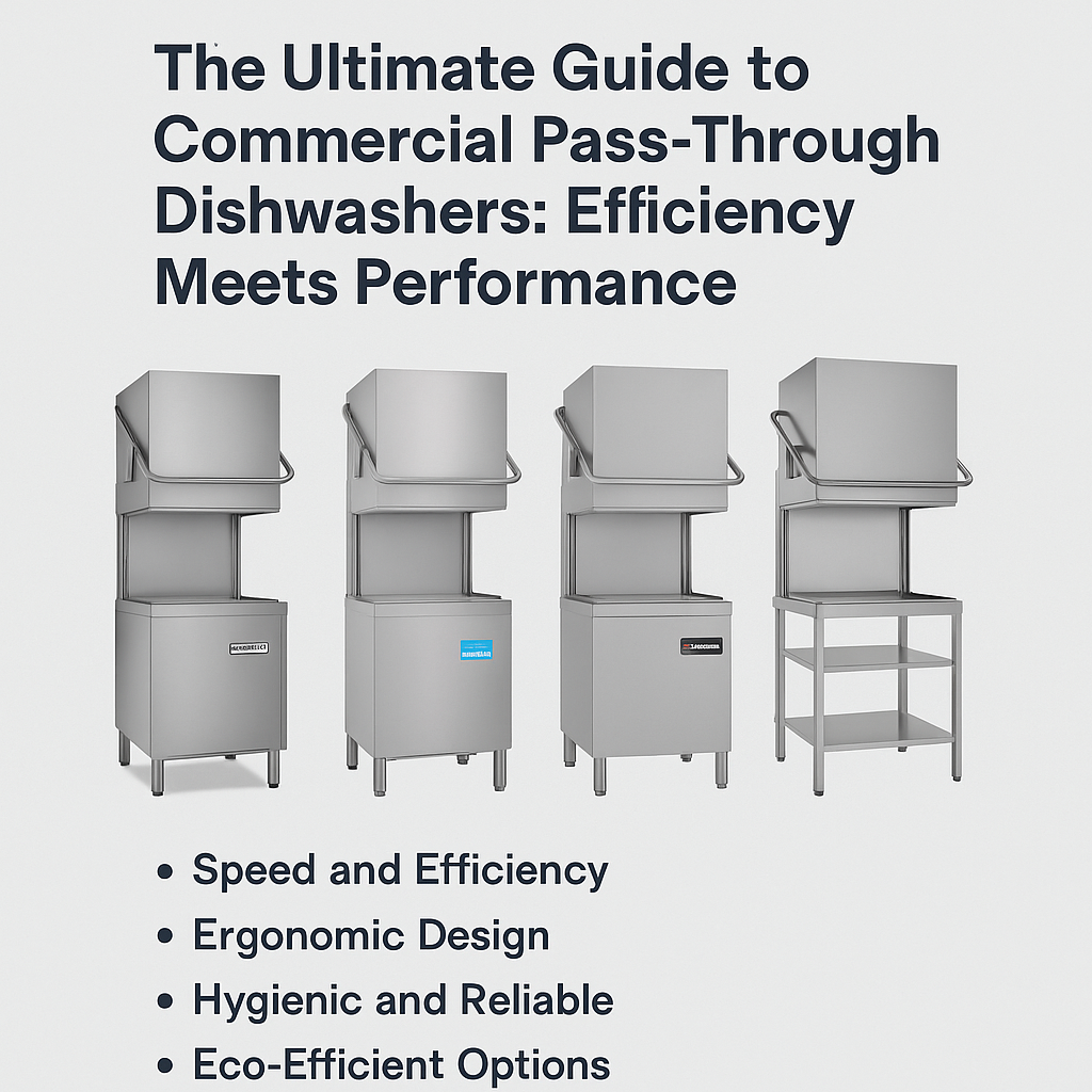 Commercial pass-through dishwasher loading rack showing high-throughput washing for busy kitchens