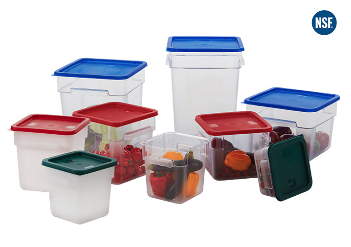Variety of food storage containers in different sizes and materials for commercial kitchen use