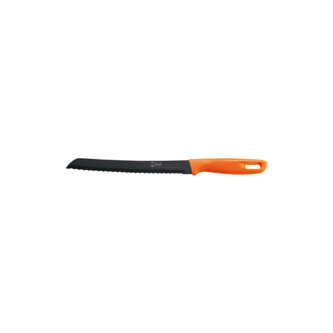 Serrated bread knife being sharpened with a ceramic rod using correct angle and technique