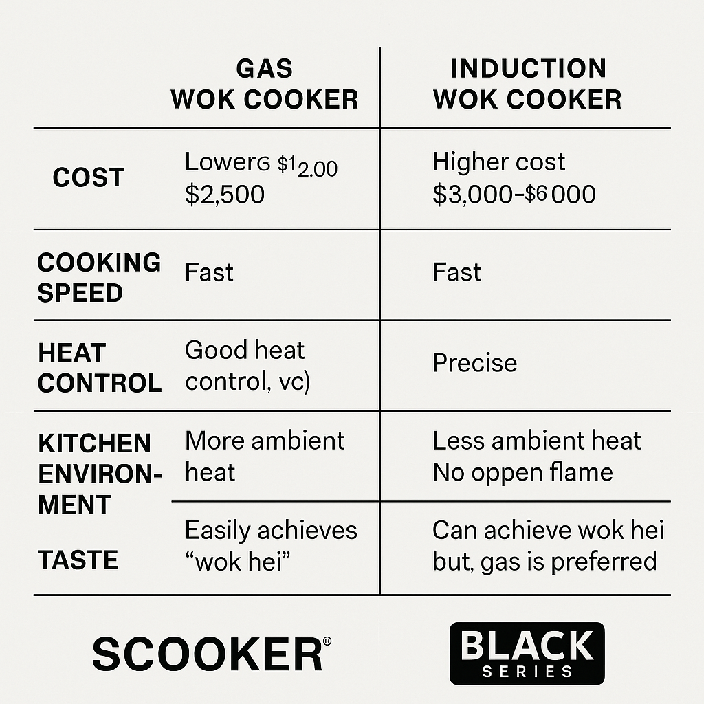 Gas wok burner and induction wok cooker compared for commercial kitchen use