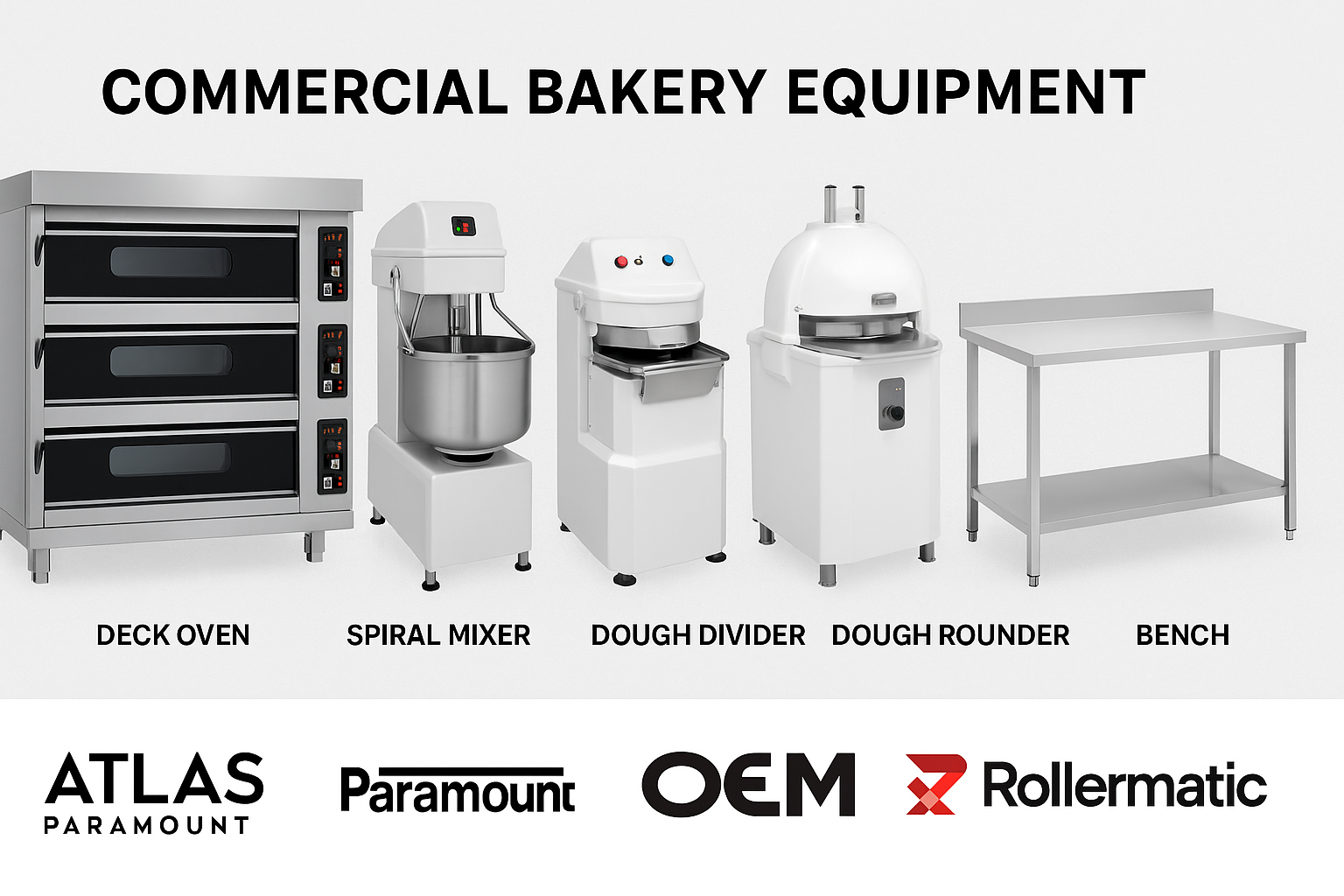 Full range of commercial bakery equipment including mixers, ovens, and provers in a professional kitchen