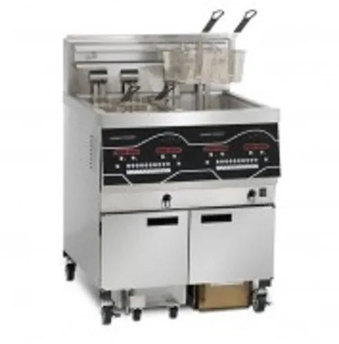 Standard commercial deep fryer compared with a Henny Penny filter fryer showing oil savings