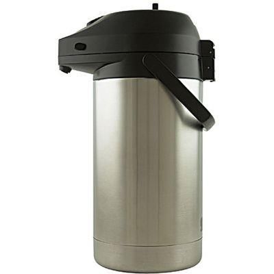 Stainless steel air pot vacuum flask dispensing hot coffee or tea in a café or office