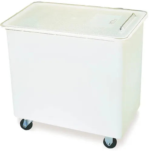 Large commercial ingredient bins storing flour and sugar with sealed lids to keep contents fresh