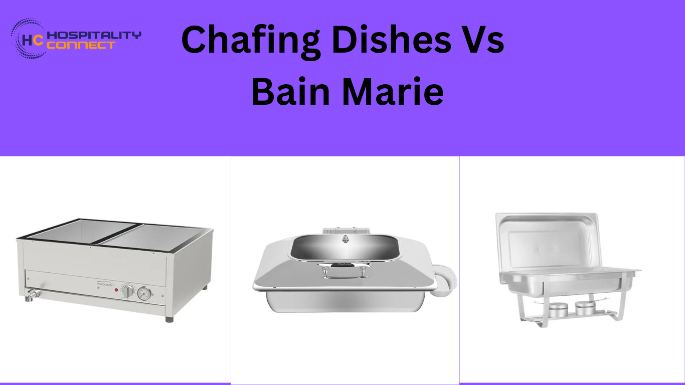 Chafing dish and bain marie set up at a buffet to keep food warm