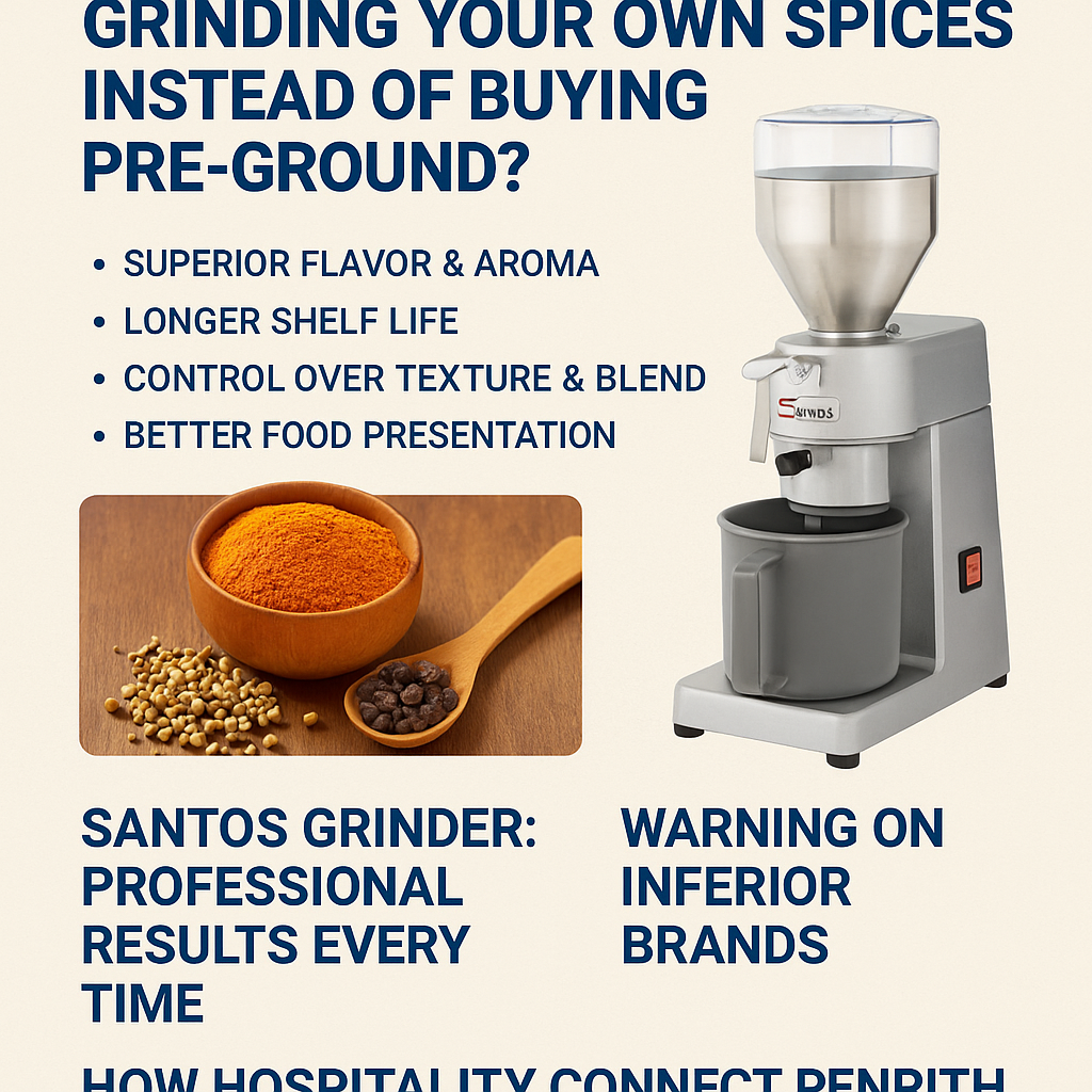 Whole spices being ground fresh in a commercial spice grinder for superior flavour