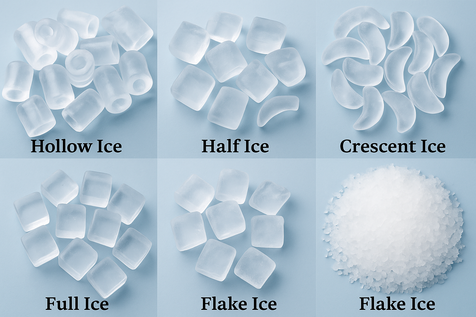 Different commercial ice types — cube, flake, nugget, and crescent — displayed side by side