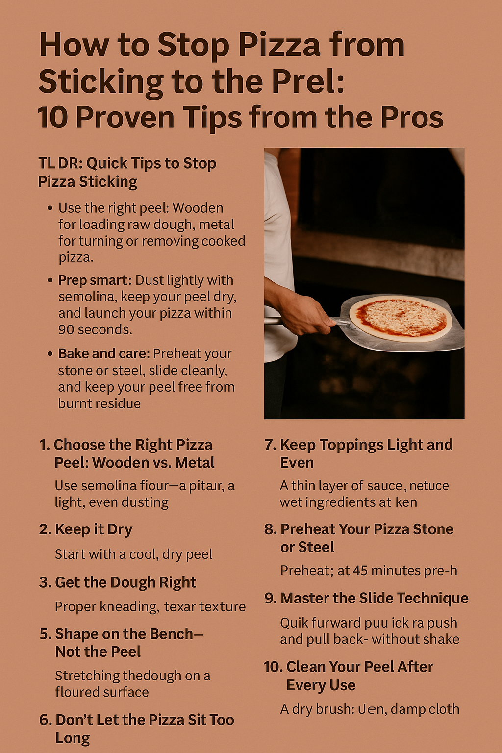 Pizza sliding cleanly off a wooden pizza peel using flour and proper technique