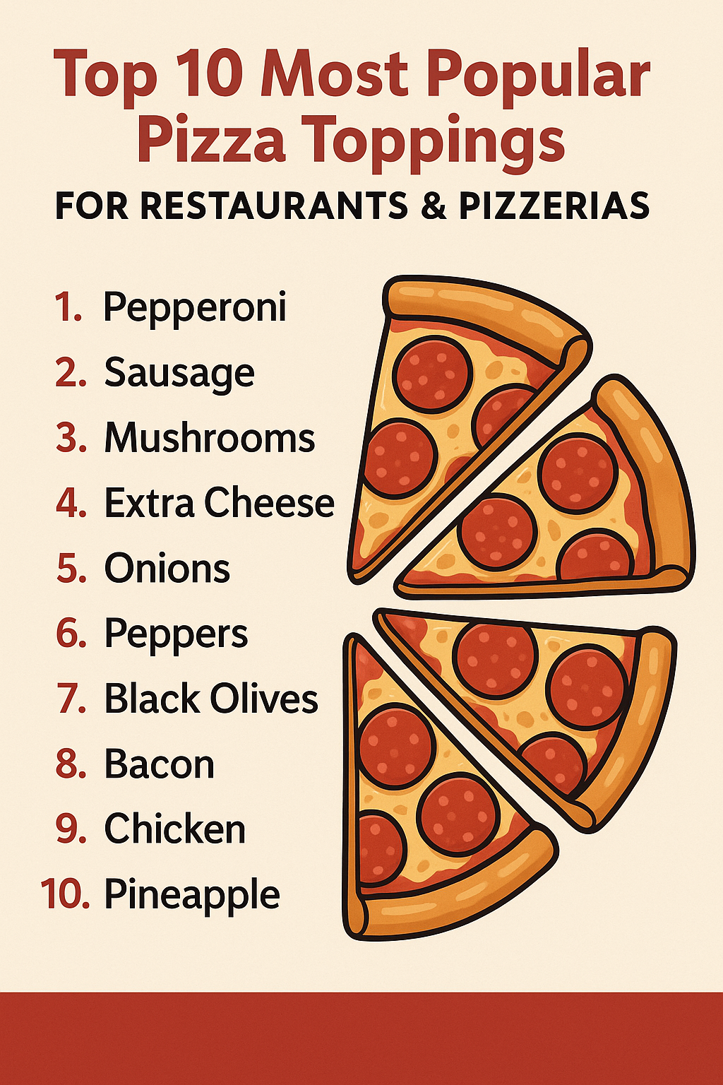 Top 10 most popular pizza toppings including cheese, pepperoni, and fresh vegetables on a pizza