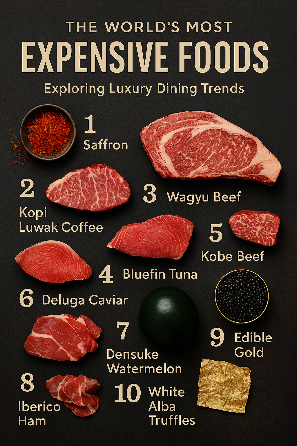 Luxury food ingredients including truffle, caviar, and wagyu beef for fine dining