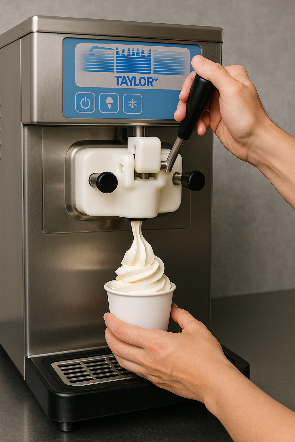 Soft serve ice cream machine dispensing a swirl into a cone at a dessert shop