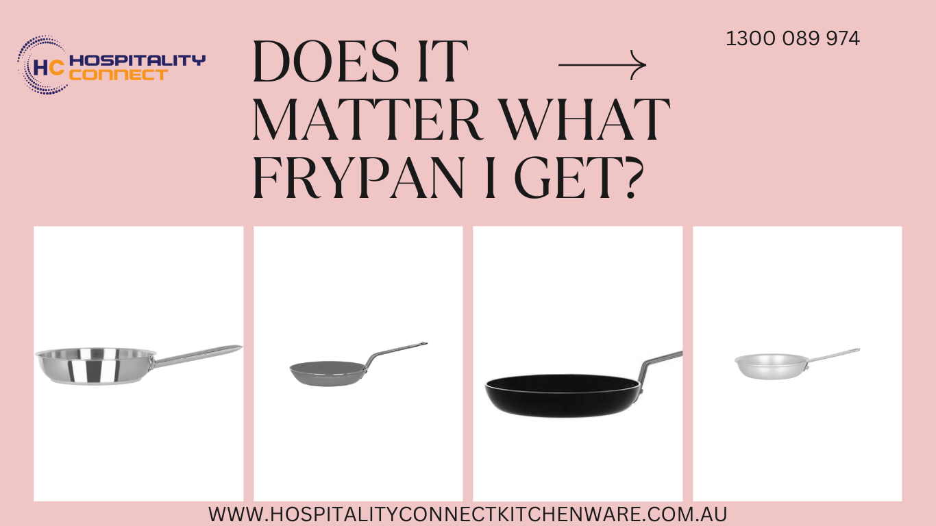 Range of frypans — stainless steel, aluminium, carbon steel, and non-stick — compared side by side