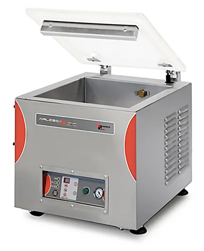 Derby 310 vacuum sealer creating an airtight seal on a food bag in a commercial kitchen