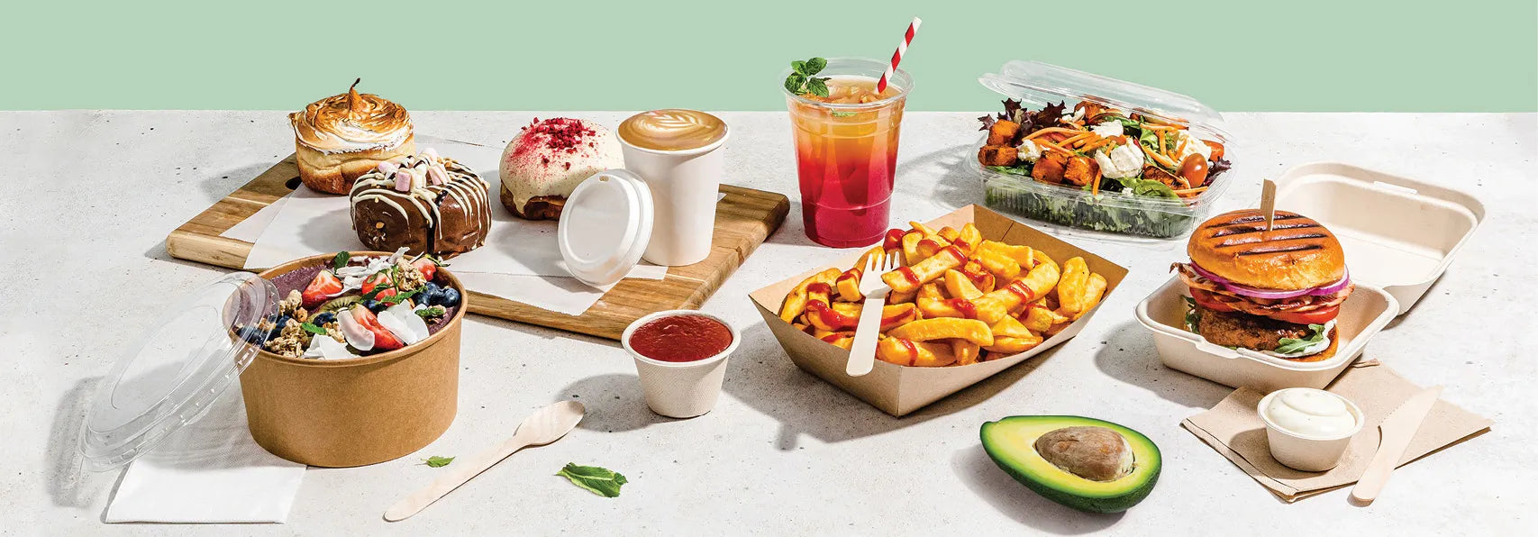 Range of disposable food packaging containers available from Hospitality Connect