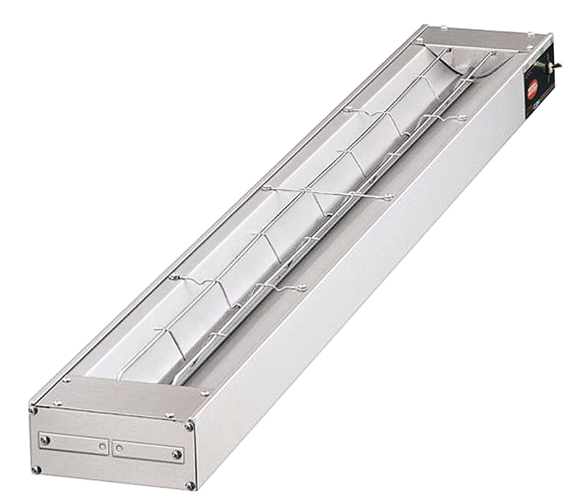 Hatco Glo-Ray heat lamp keeping plated food warm compared to a Roband heat lamp