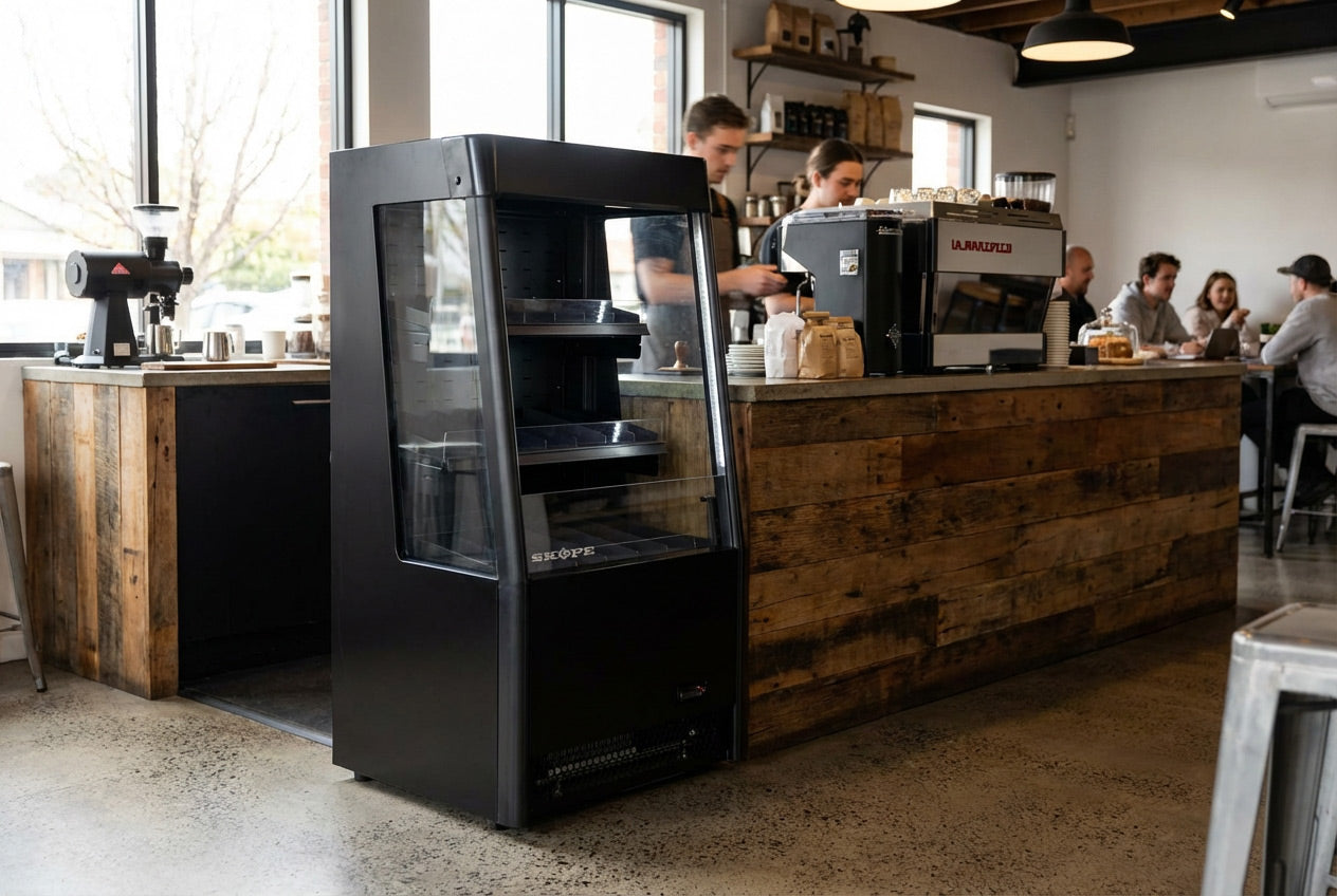 Grab and go fridge stocked with chilled beverages and snacks in a café or bakery