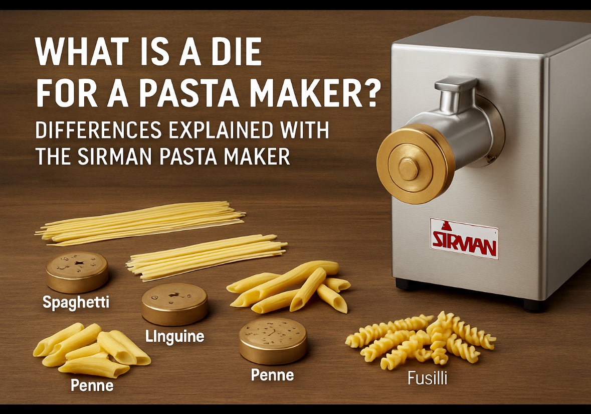 Pasta maker die attachments for the Sirman pasta machine producing different pasta shapes