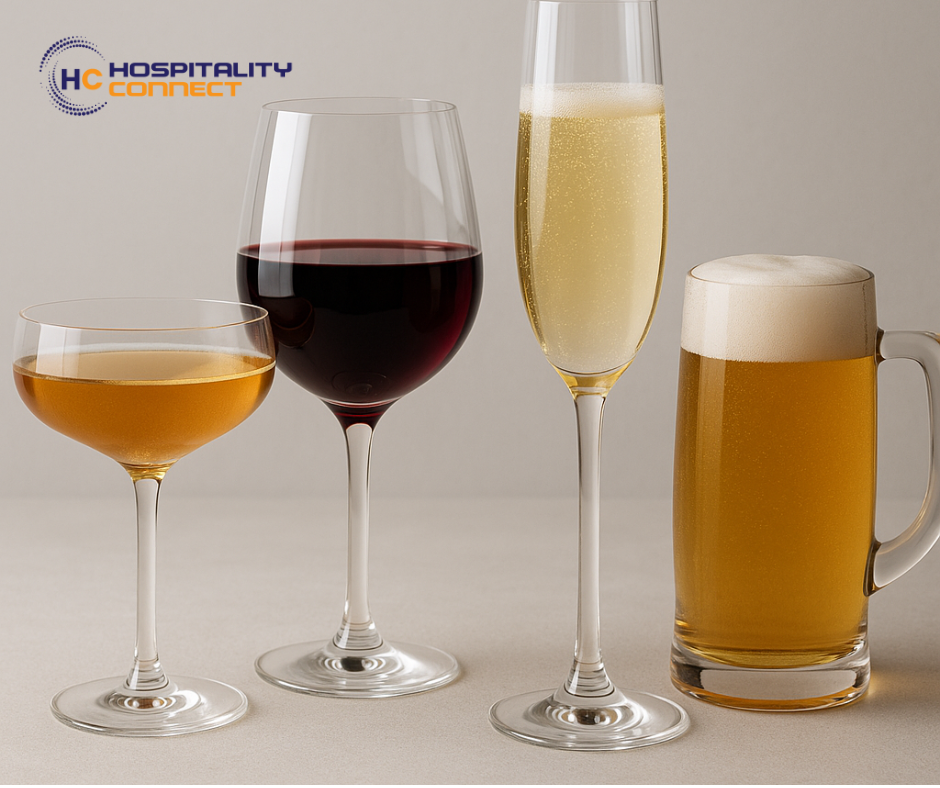 Selection of different glass types — wine, beer, cocktail, and water — for every drink occasion
