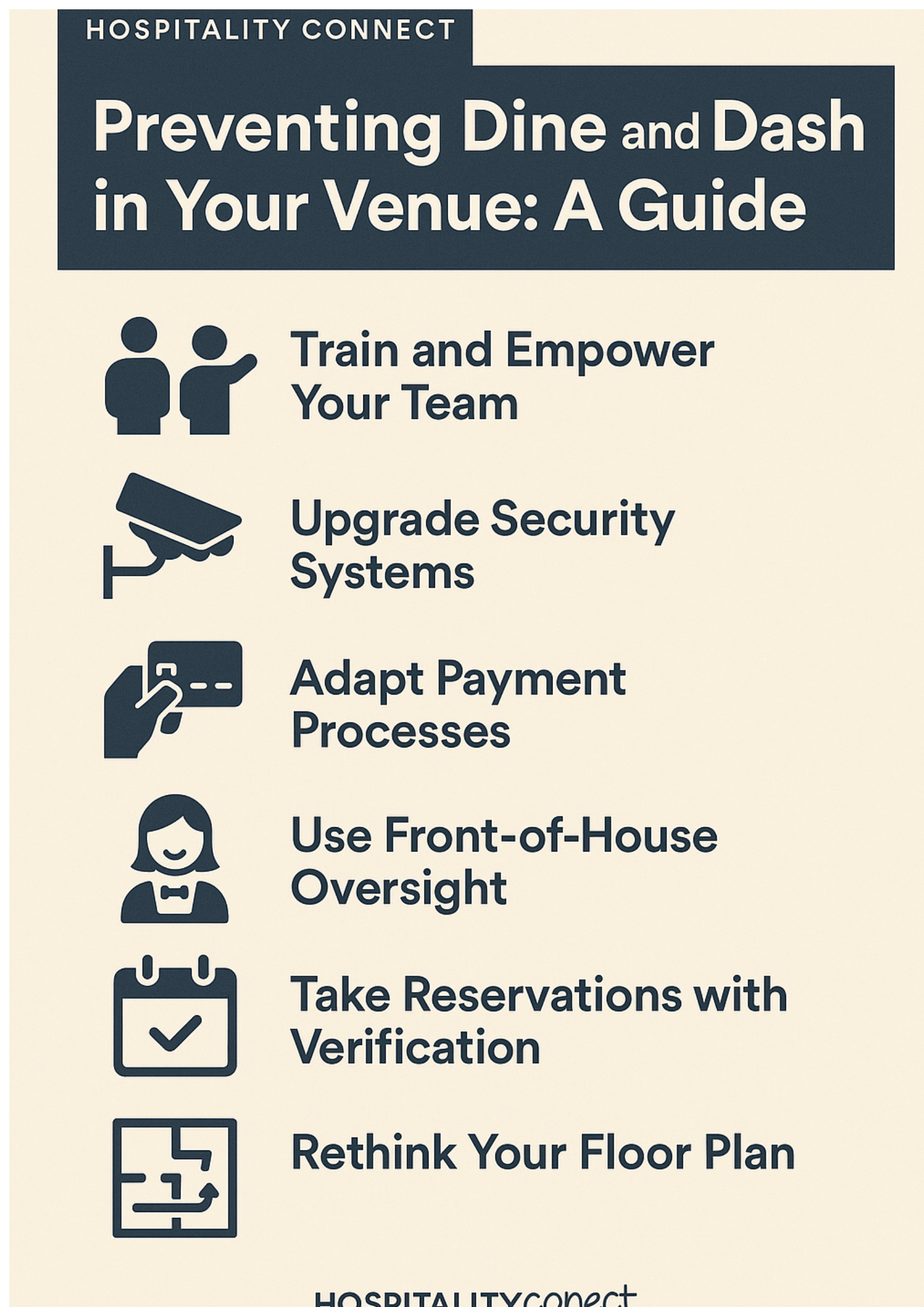 Venue layout and security measures to help prevent dine and dash incidents