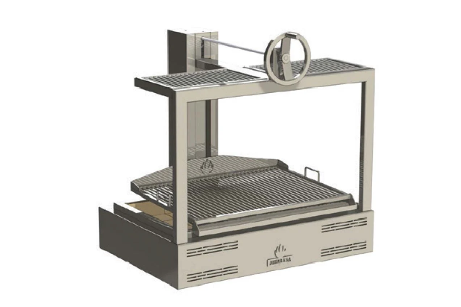 Argentinian parrilla grill with adjustable V-shaped grates over wood or charcoal embers