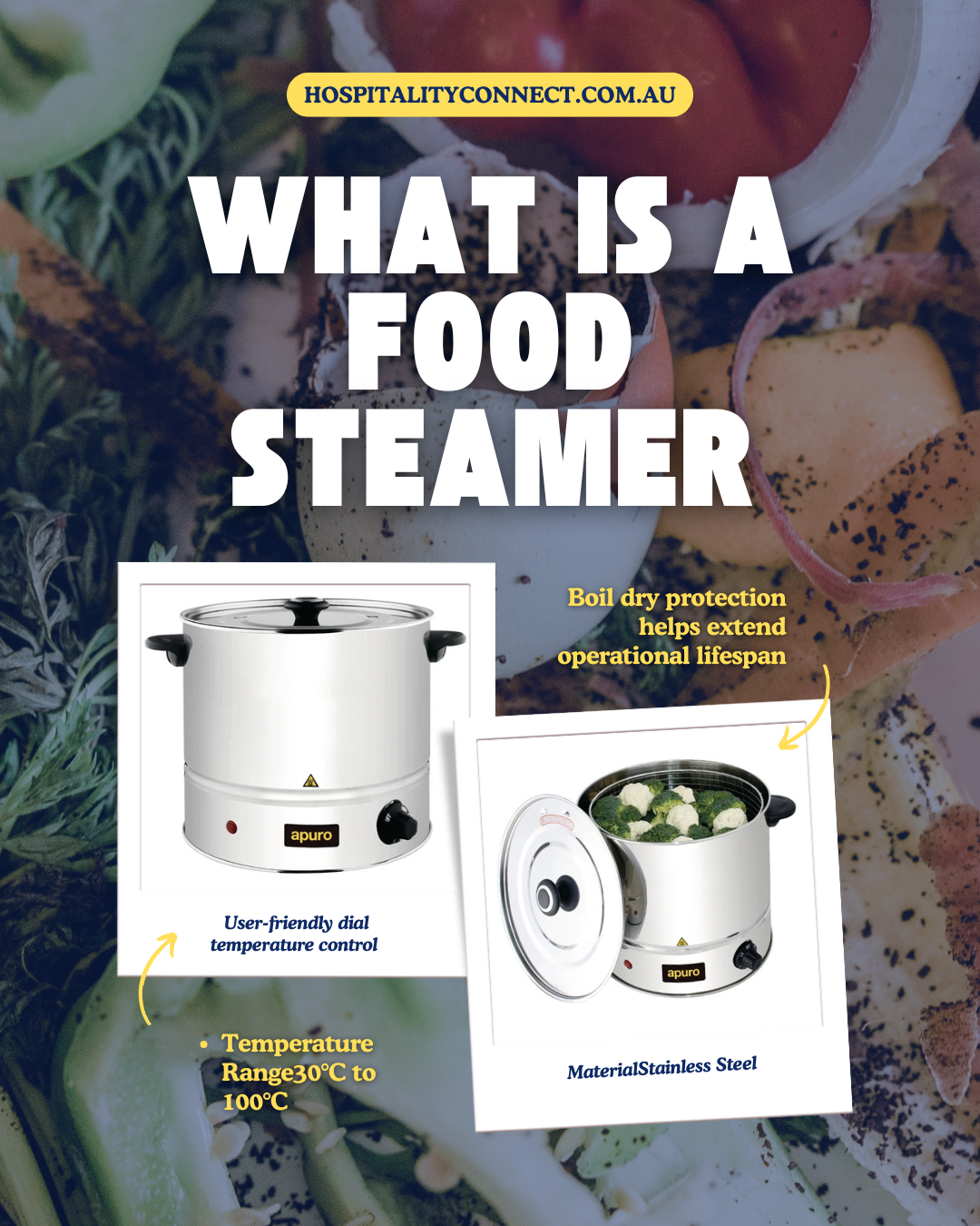 Commercial food steamer with multiple trays cooking vegetables and dumplings simultaneously