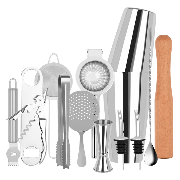 Zanzi 14-piece stainless steel cocktail set rolled in a bartender's tool roll