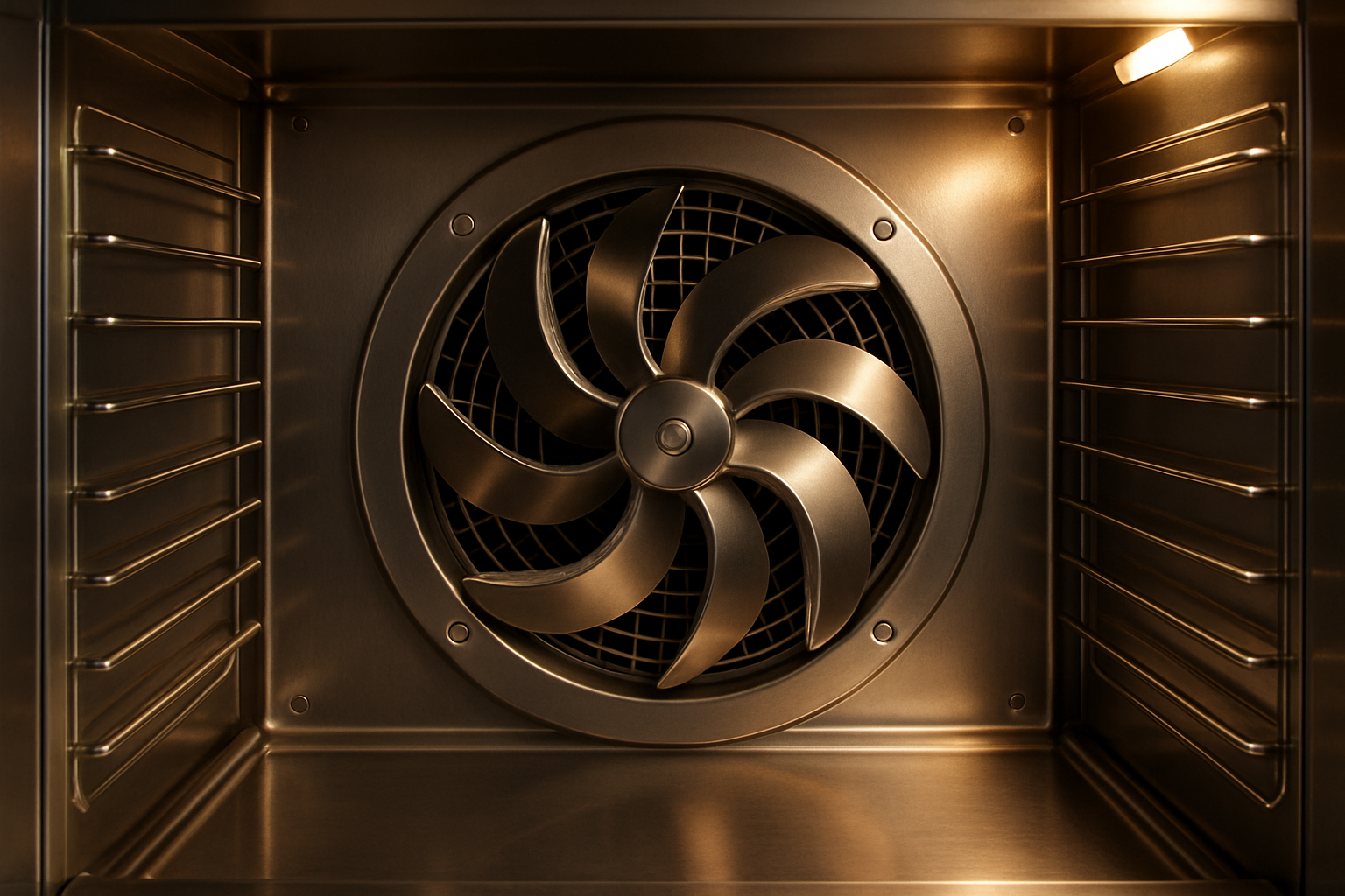 Convection oven interior showing bidirectional fan that reverses to distribute heat evenly
