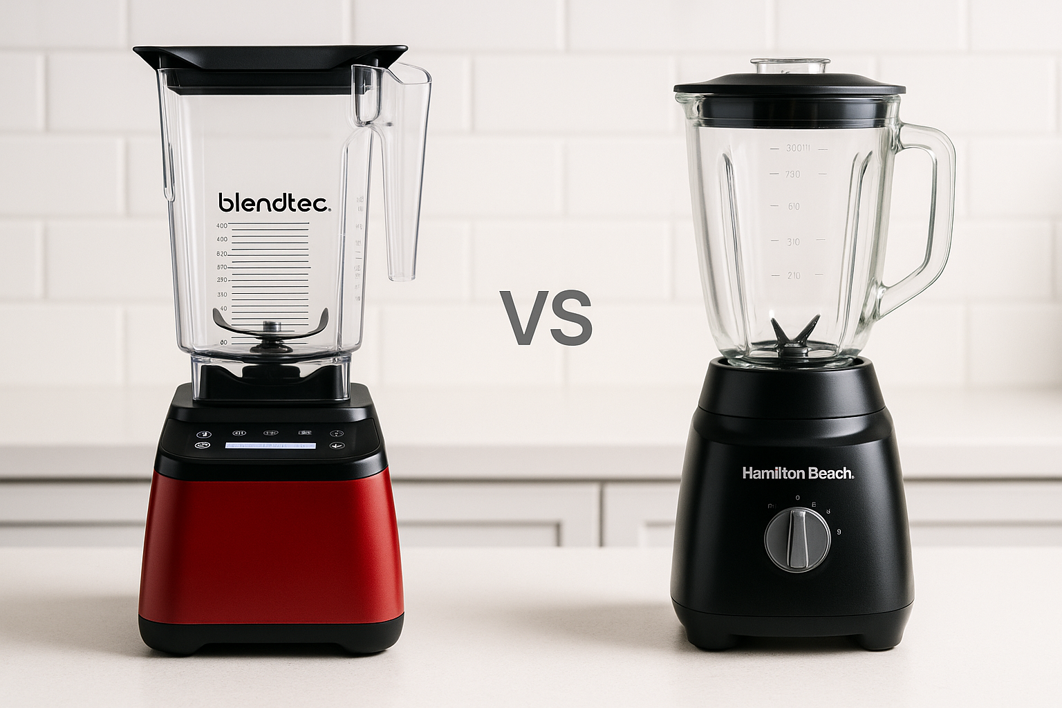 Blendtec and Hamilton Beach commercial blenders compared on a counter top