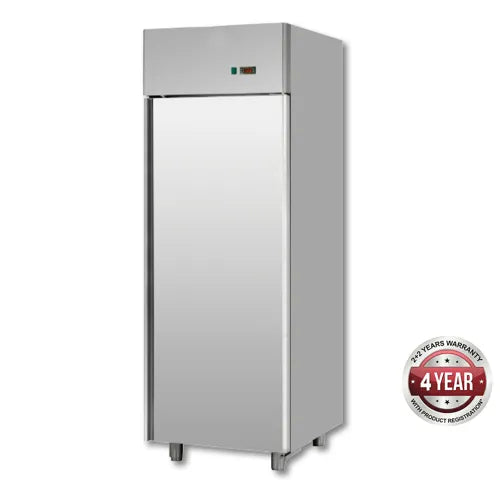 Bakery display fridge with glass front compared to a standard solid-door commercial refrigerator