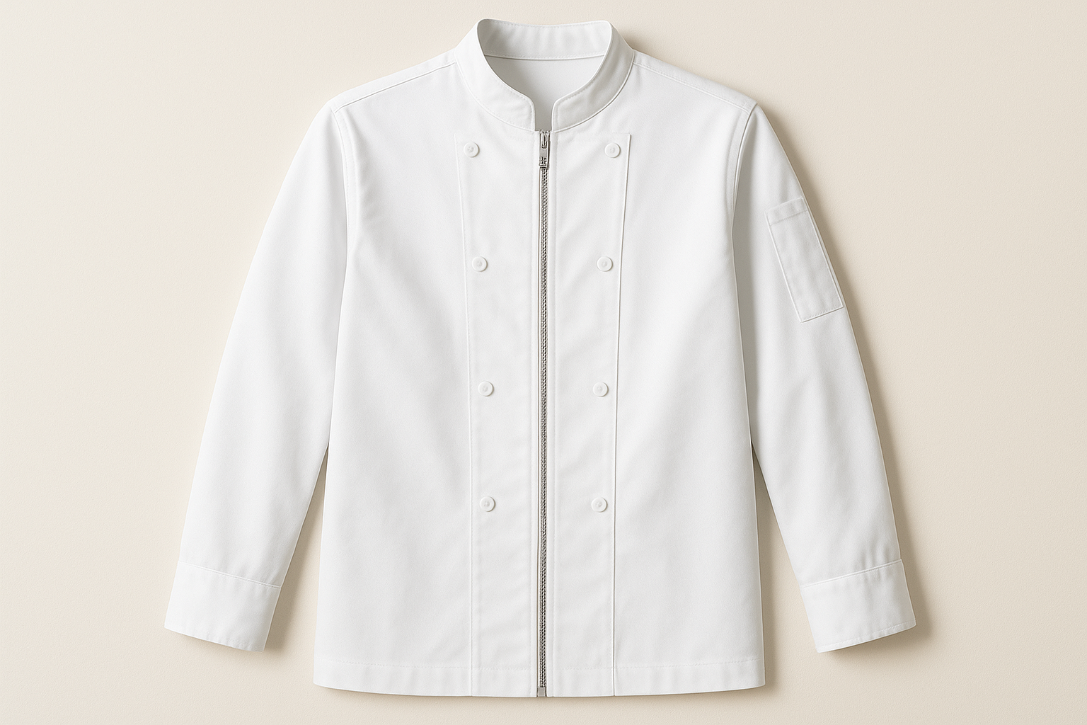 Chef jacket with zipper closure compared to a traditional button chef jacket