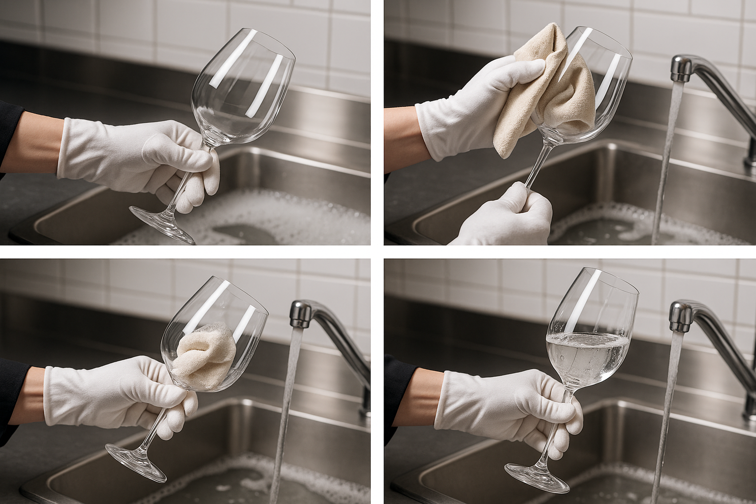Wine glass being polished to a crystal-clear finish using a lint-free cloth
