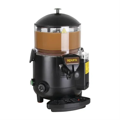 Commercial hot chocolate dispenser machine showing the mixing and dispensing mechanism