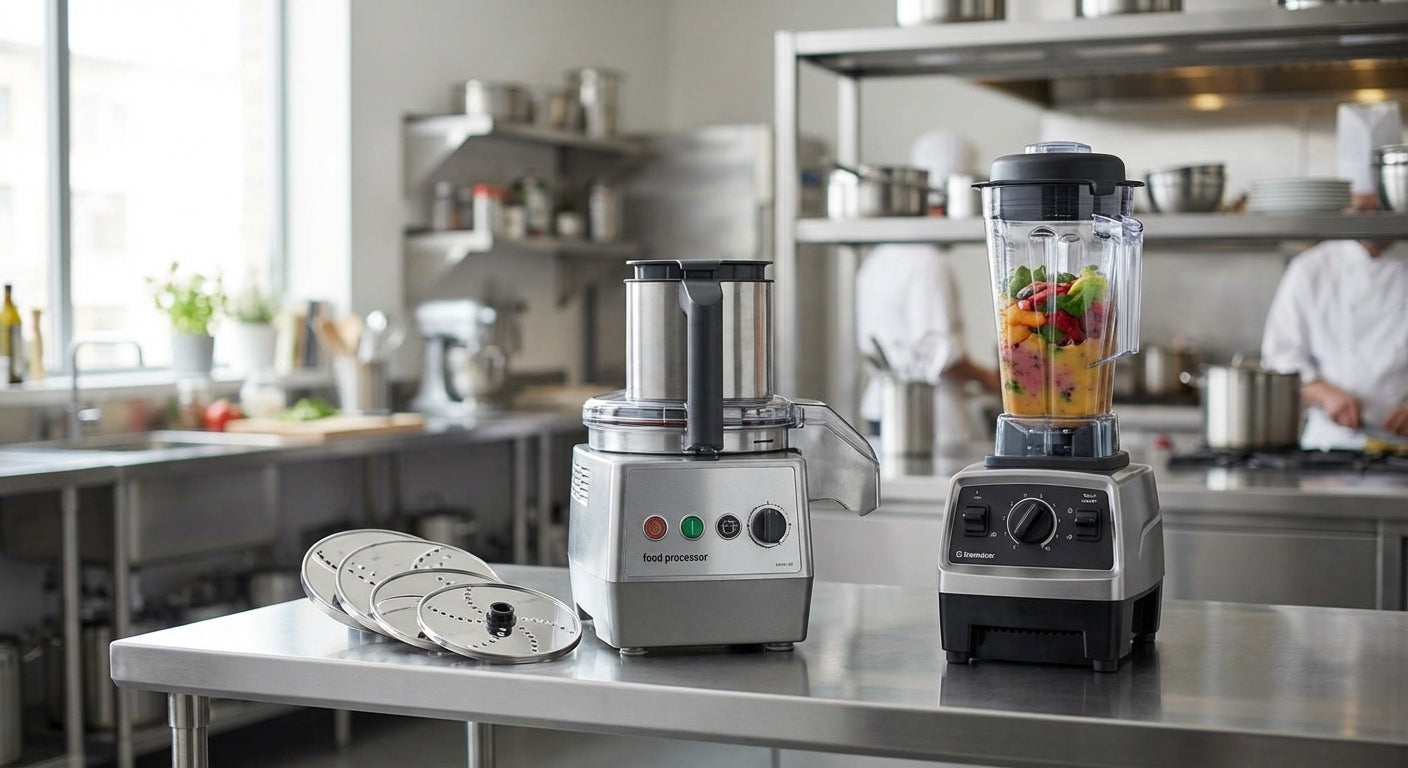 Commercial food processor and blender side by side on stainless steel bench in modern professional restaurant kitchen