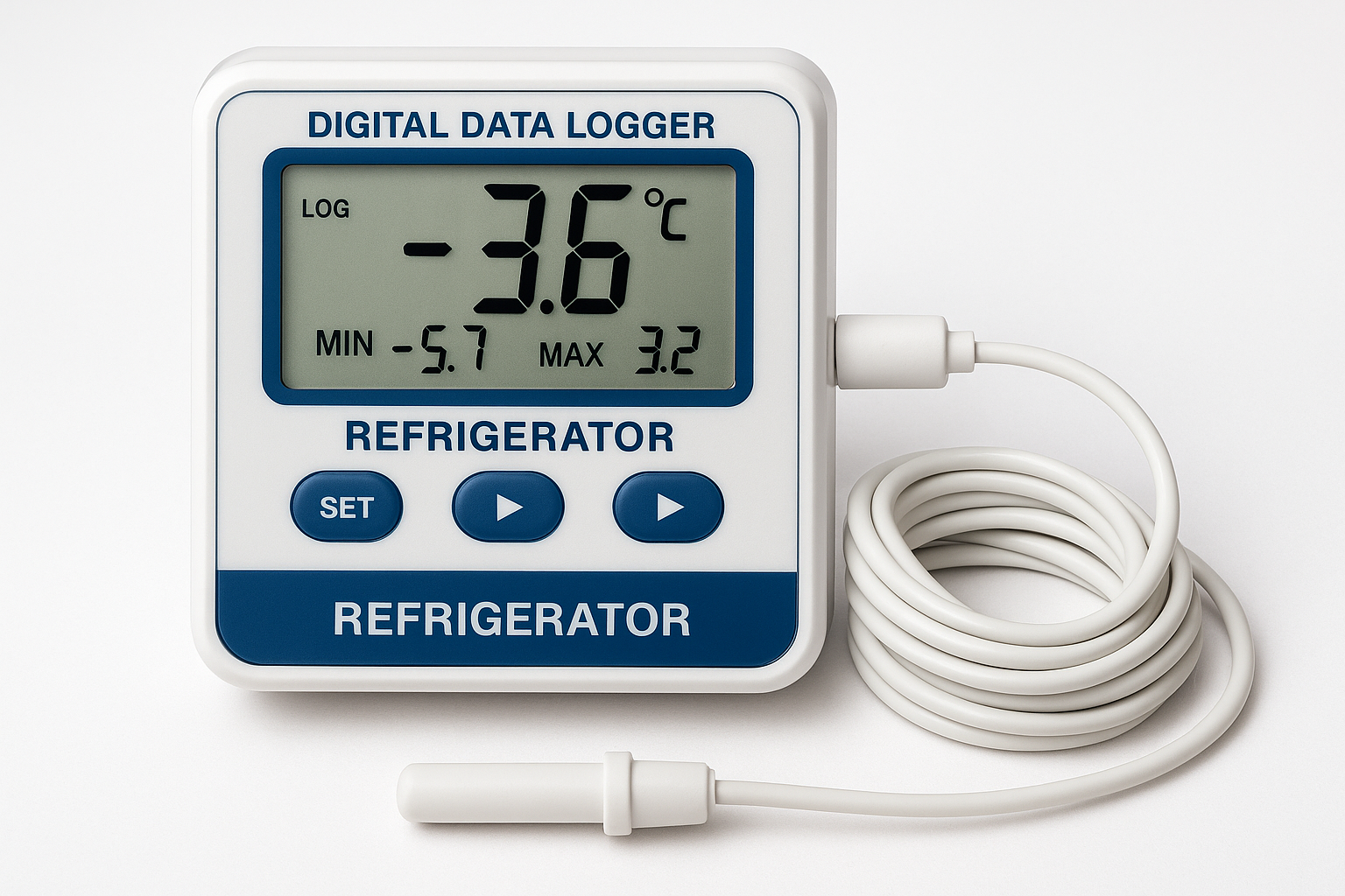Temperature data logger attached inside a commercial refrigerator recording temperature history