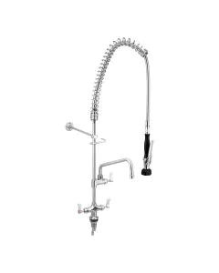 Commercial dual bench-mount pre-rinse unit with pot filler compared to a standard domestic tap