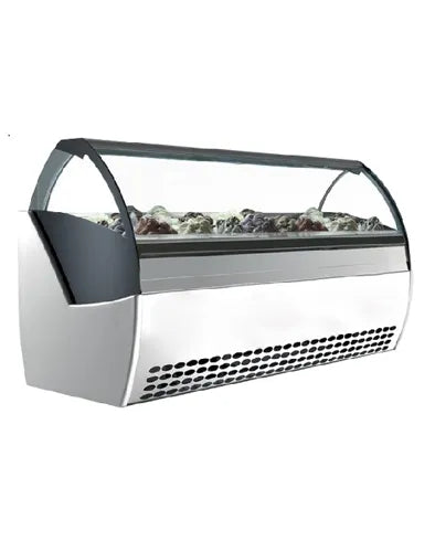 Curved glass gelato display cabinet showcasing colourful gelato flavours