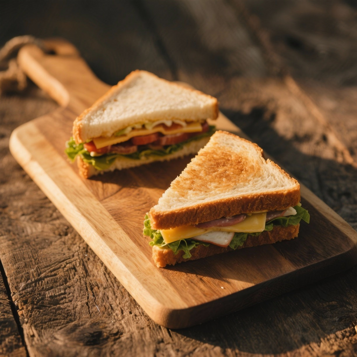 Triple-decker club sandwich with bacon, lettuce, tomato, and chicken served in a café
