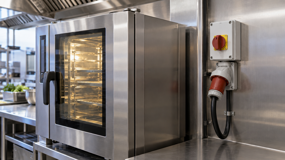 Illustrative commercial oven beside industrial electrical fittings; not an installation diagram or verified equipment rating.