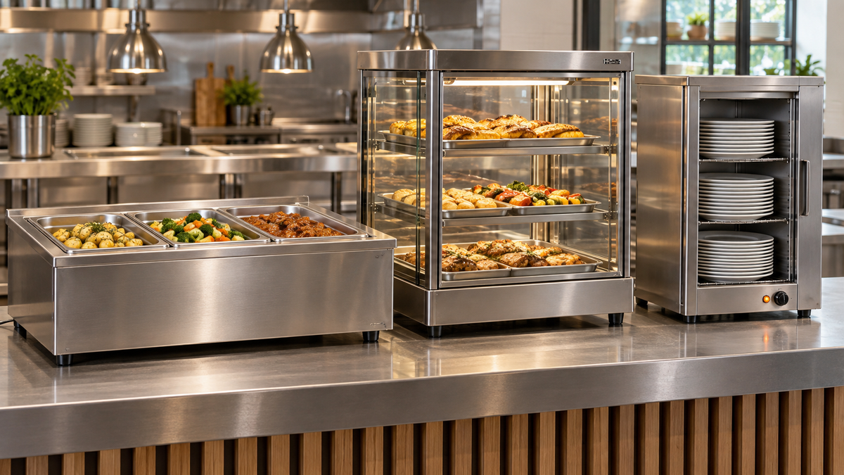 Illustrative bain marie, glass-fronted heated food display and plate warmer; not verified models or a scale drawing.