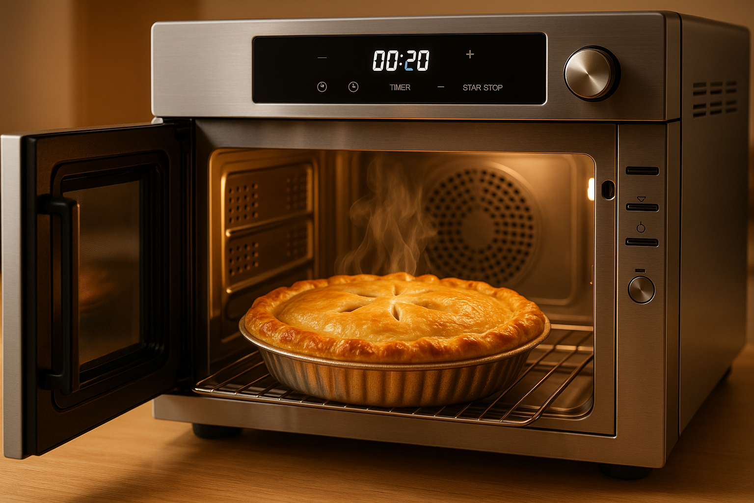 Can you cook vegan pies in a high-speed oven like TurboChef or Merrychef? A vegan pie being heated in a speed oven