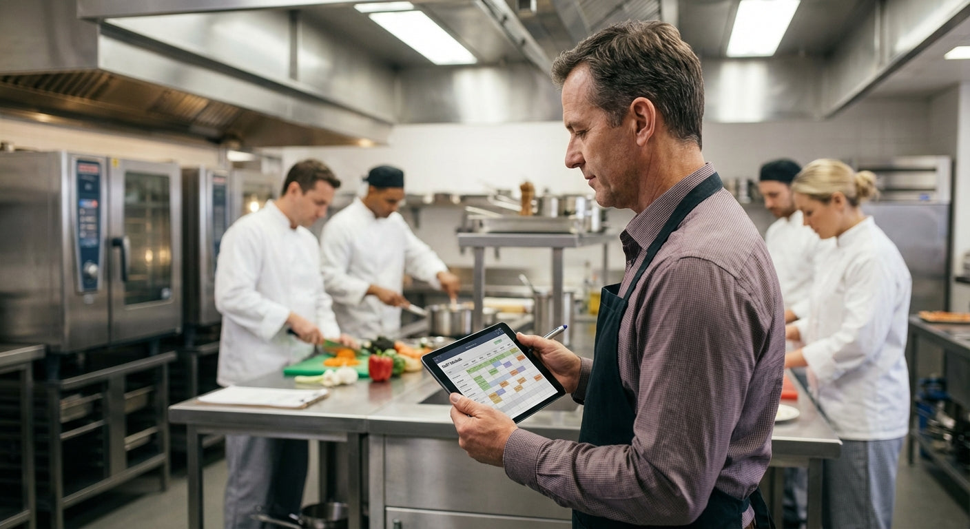 Restaurant manager reviewing staff roster on tablet in busy commercial kitchen with team working in background