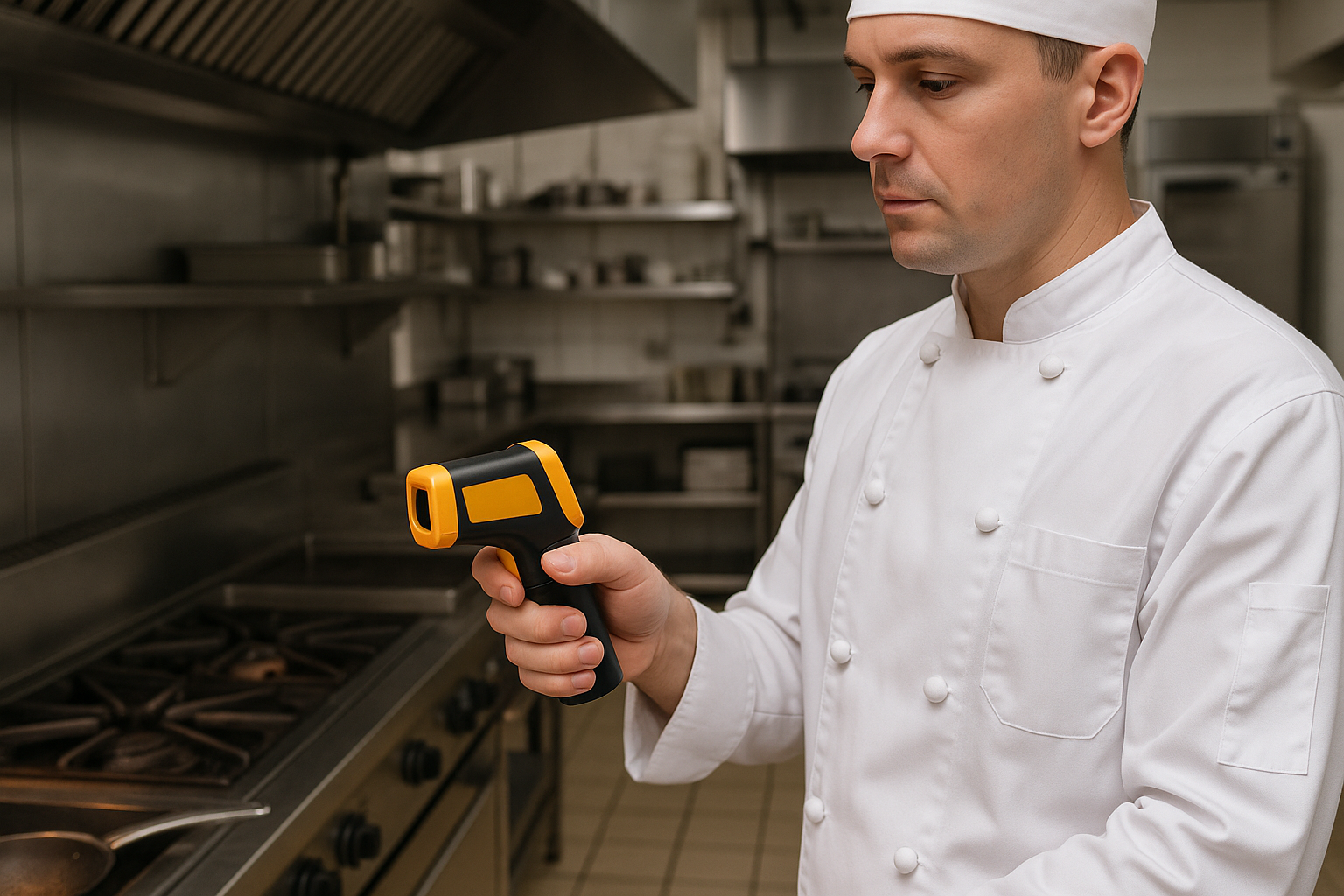 Infrared gun thermometer being used in a commercial kitchen to measure surface temperature