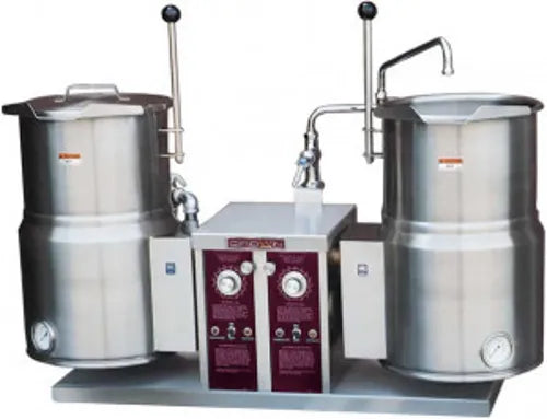 Stainless steel commercial tilting kettle used for cooking large quantities of soups and sauces