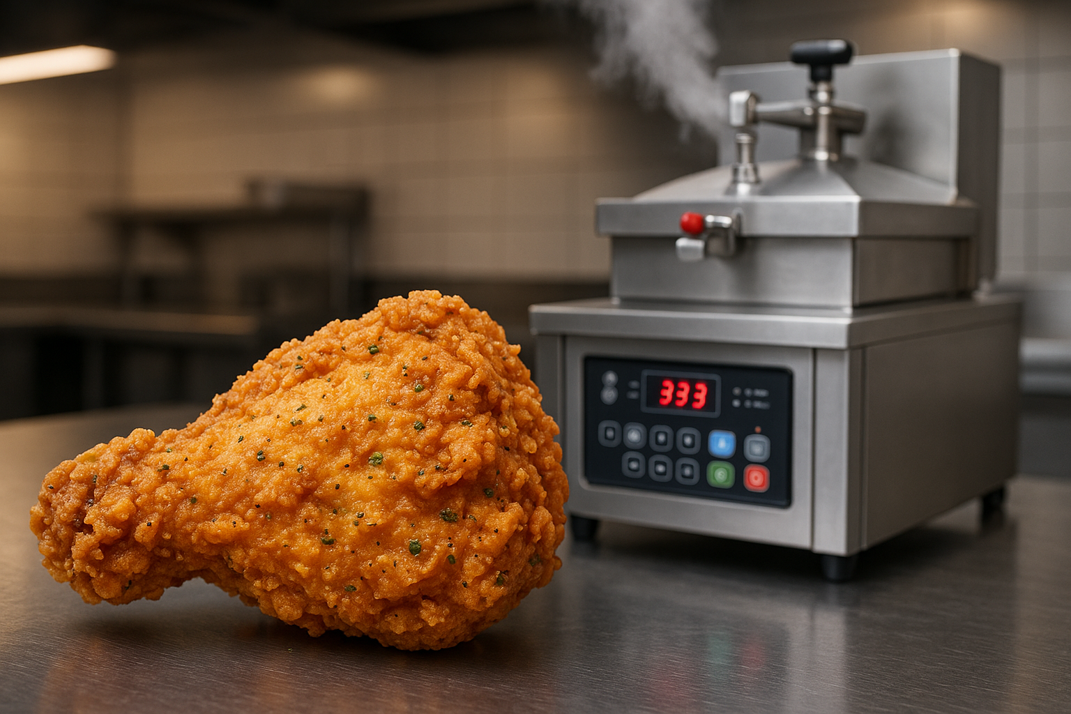 Commercial pressure fryer producing crispy fried chicken similar to KFC's cooking method