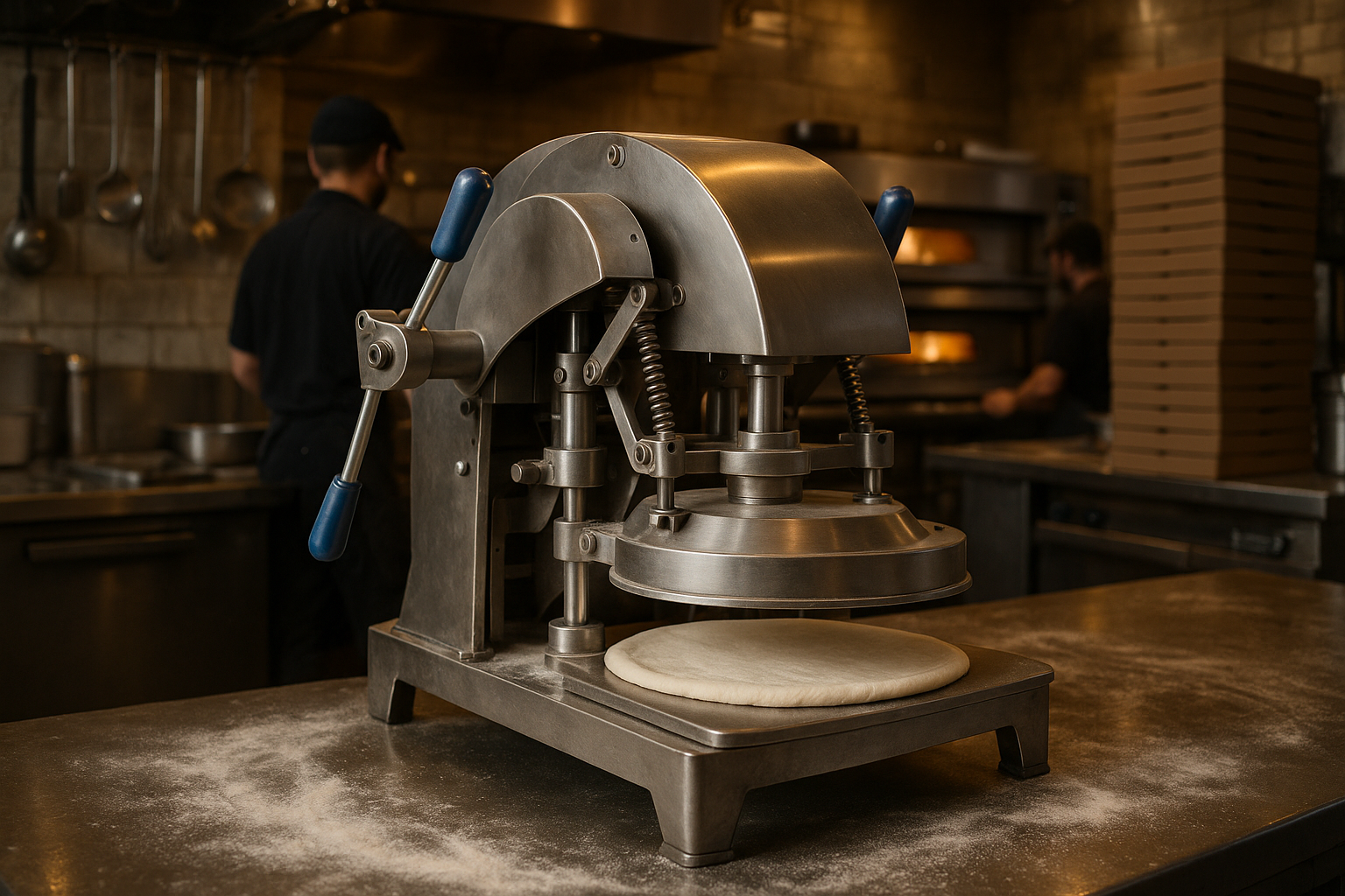 Pizza shaping machine pressing dough into round bases in a commercial pizza shop