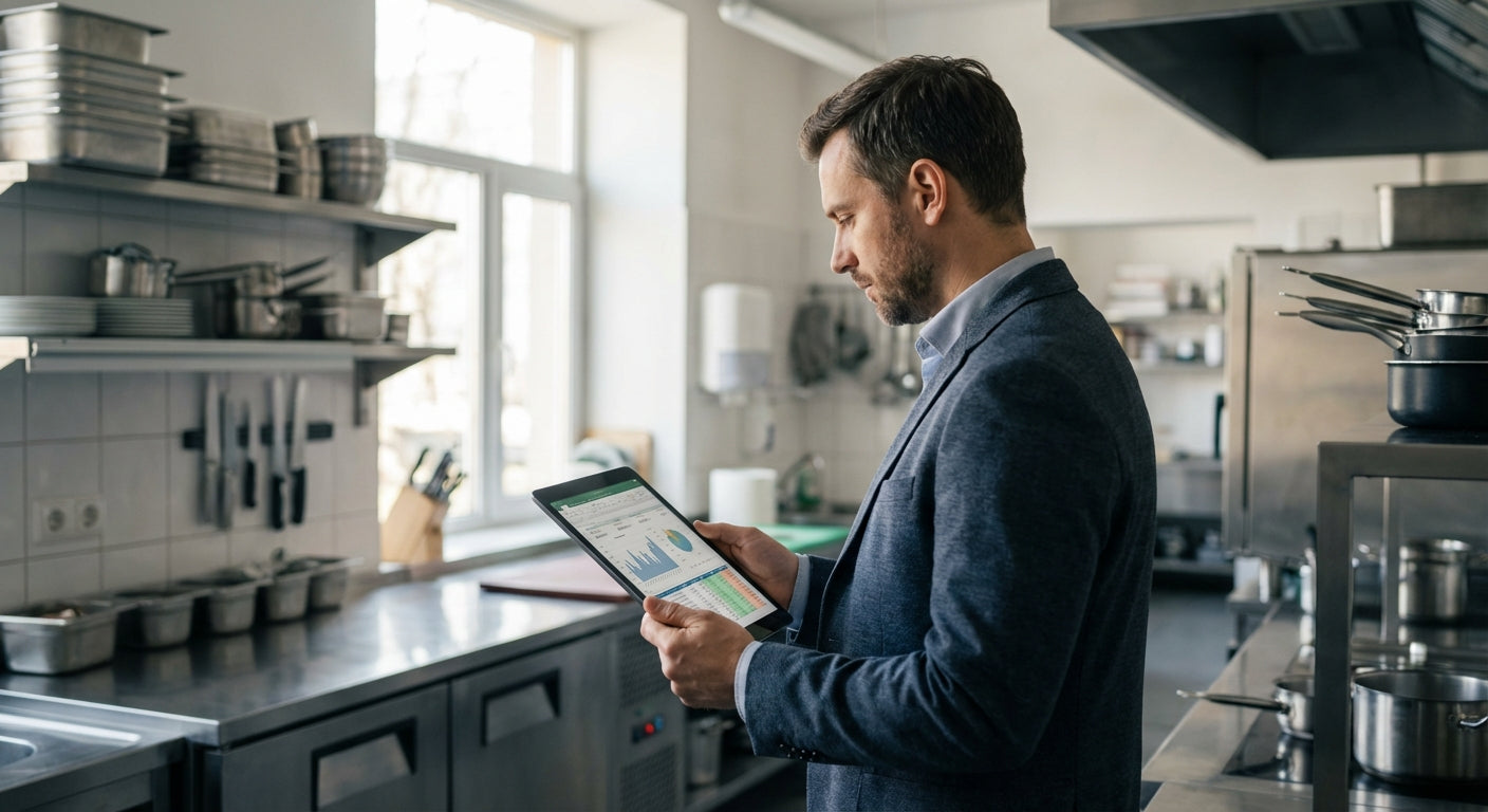 Restaurant owner reviewing financial reports and profit margins on tablet in modern commercial kitchen environment