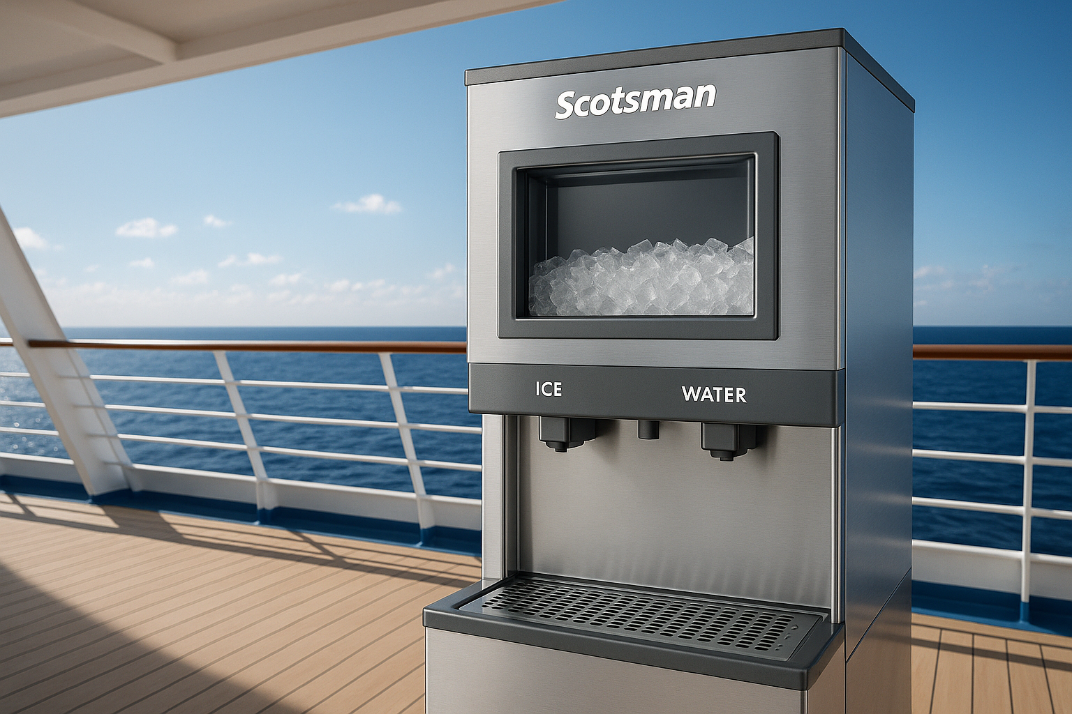 Scotsman ice and water dispenser unit with cruise ship background