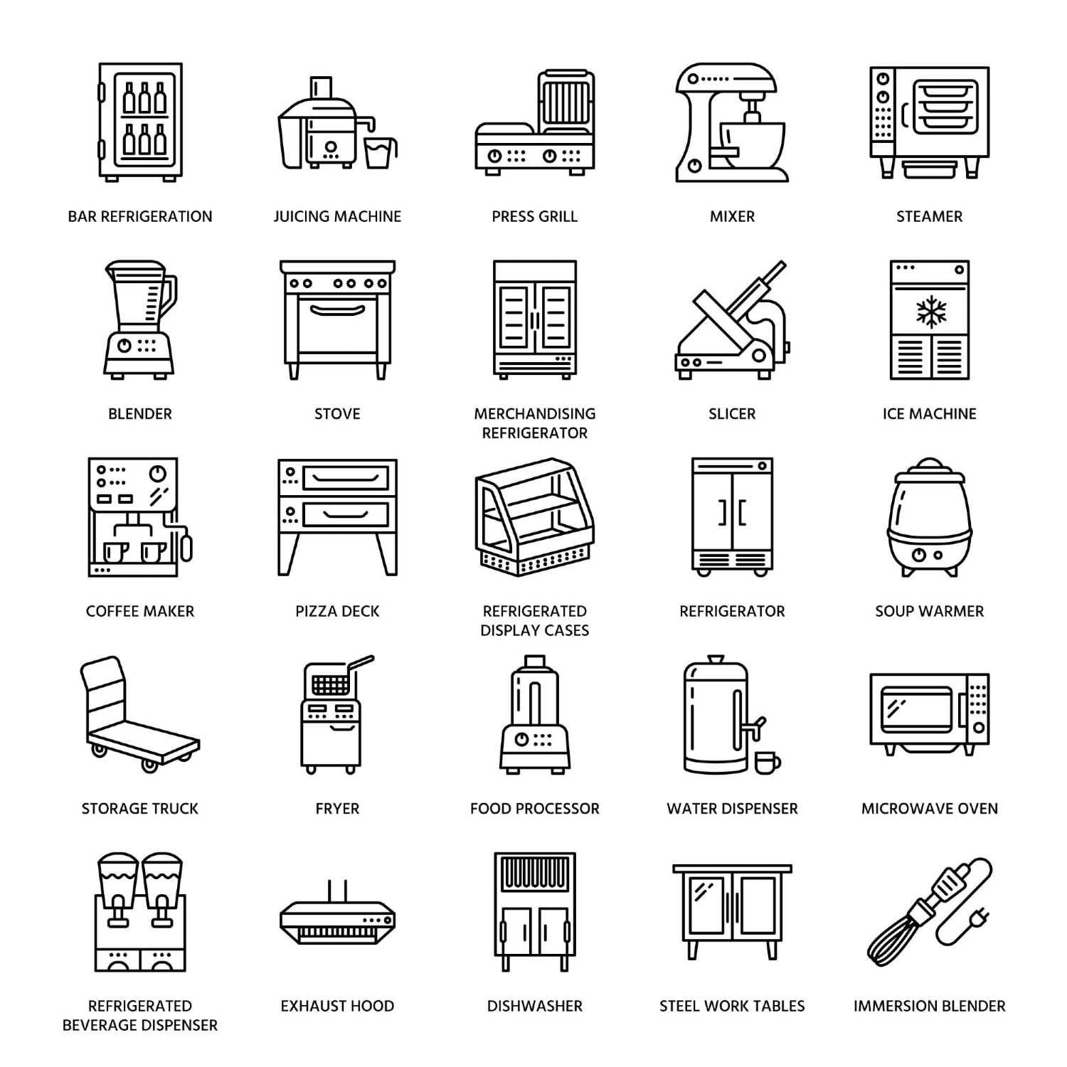 Range of commercial hospitality equipment including cookware, refrigeration, and smallwares