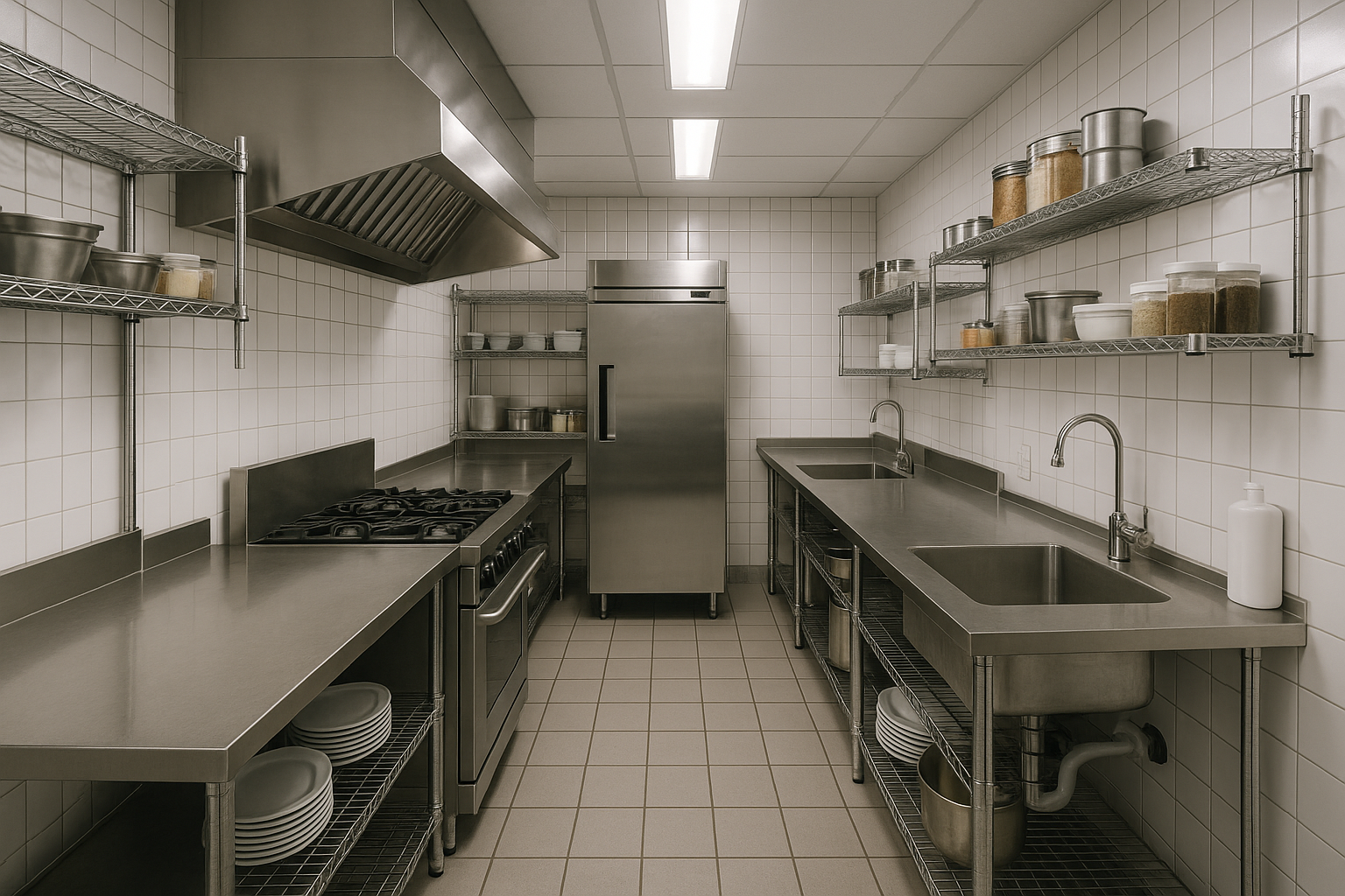 Compact commercial kitchen efficiently laid out with the right equipment for a small space